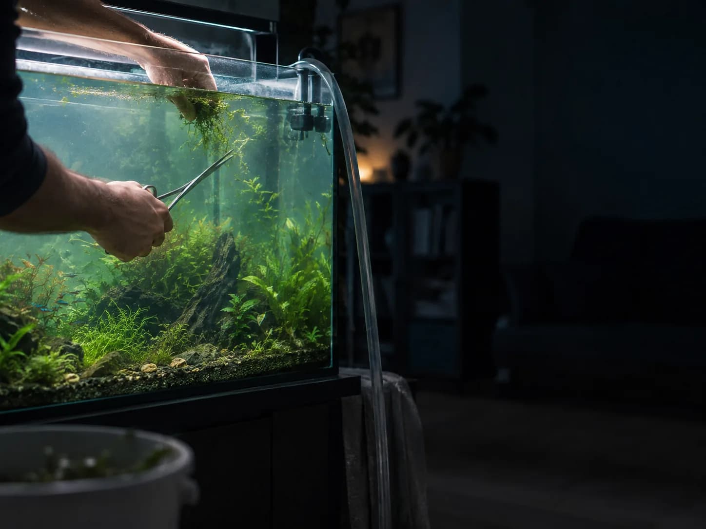 Poda de plantas dentro de um aquário plantado, com sifão na borda